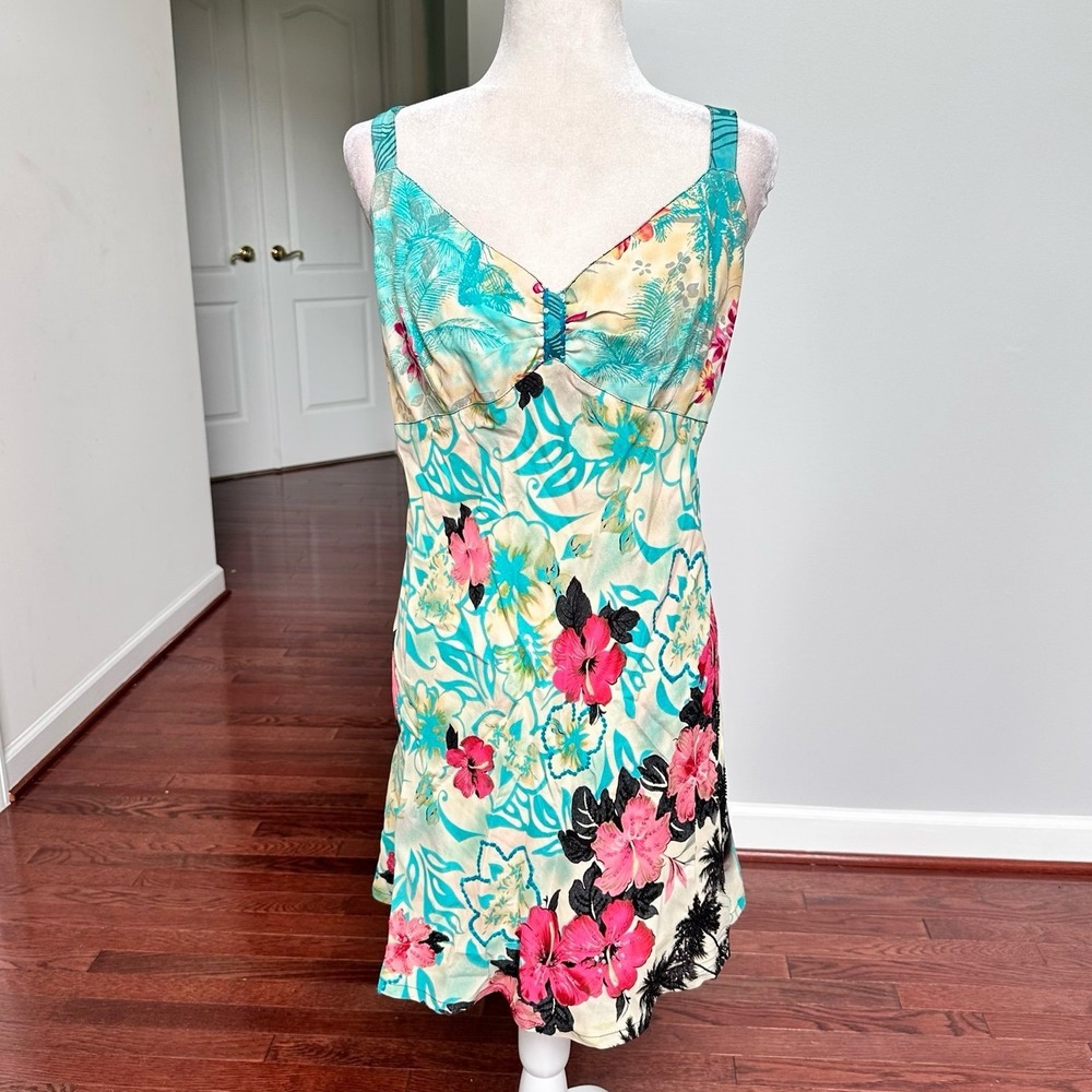 Faith Blue Pink Palm Tree Tropical Floral Embellished Beaded Sequin Mini Dress